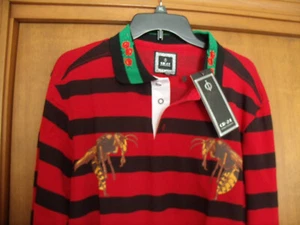 CR-24 EMBROIDERED WASP BEES FLOWERS BLACK RED STRIPED POLO SHIRT M NWT - Picture 1 of 7