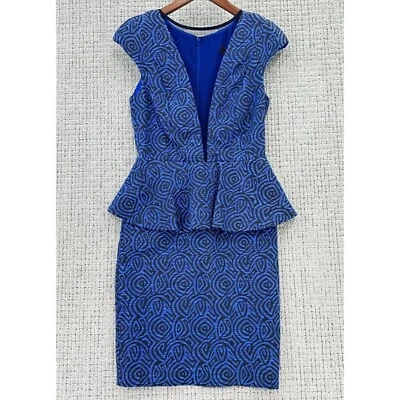 Eva Franco Antropologie Sheath Dress Size S Blue Peplum Plunge Mesh Cap Sleeve - Image 1 of 4