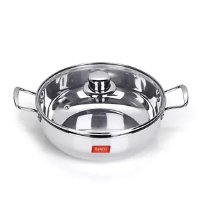 Stainless Steel Induction Compatible Kadhai Wok with Glass Lid 2.3 Litre - Picture 1 of 5