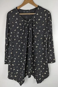 BPC Black Long Sleeve Top, Pleated Floral T-shirt,Long Line Size L / 16 - Picture 1 of 13