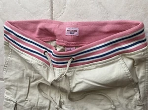 Hollister KHAKI COTTON PINK STRIPES COMFY ELASTIC WAIST CUTE CAGO CAPRI PANTS 3 - Picture 1 of 9
