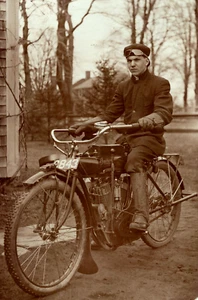 REPRINT RPPC Postcard Man Riding 1912 Indian V-Twin Motorcycle CT License Plate - Picture 1 of 3
