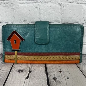 Fossil Birdhouse Bird Wallet Genuine Leather Key Teal Card Holder Zippered Pouch - Picture 1 of 7