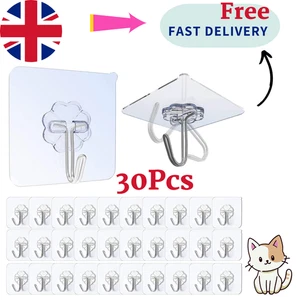 Strong Self Adhesive Hook Sticky Hooks Heavy Duty Wall Seamless Stick pack of 30 - Picture 1 of 3