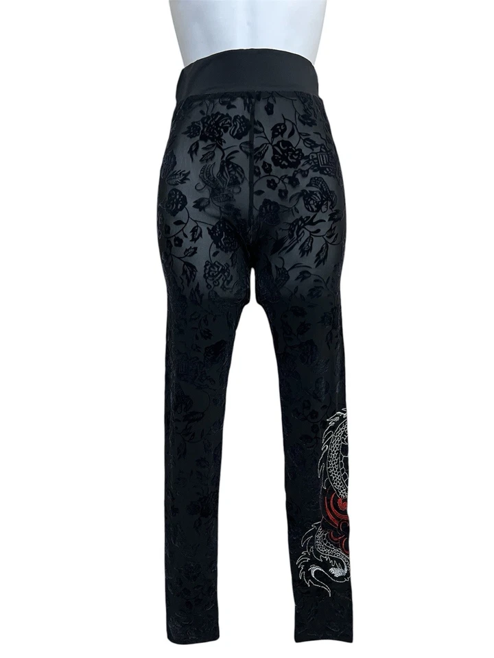 Mujeres Leggings Terciopelo Transparente Burn Out XS Negro Dragón Bordado Gótico Emo Punk Foto 1 de 4