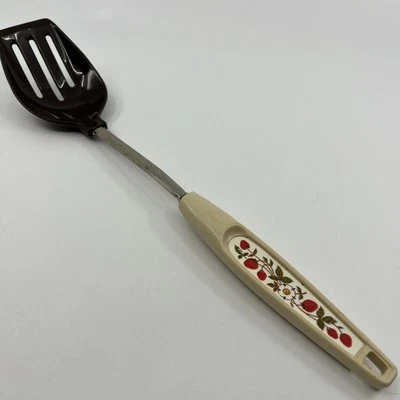 "Cuchara ranurada marrón vintage patrón fresa mango 12"" largo fruta años 70" Foto 1 de 4