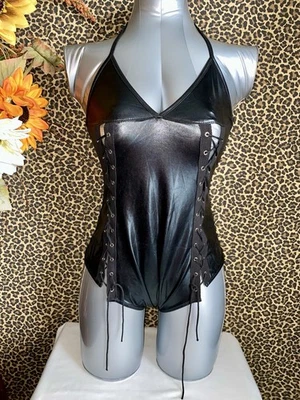 Black Faux Leather Lace-Up Halter Neck Bodysuit | LARGE | - Image 1 of 4
