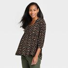 The Nines By Hatch Tie 3/4 Sleeve Crepe Maternity Blouse Black Floral Print M