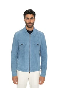 NWD 4200$ ISAIA NAPOLI Dusty Blue Zip Jacket Leather Suede Lambskin 40 US 50 EU - Picture 1 of 7