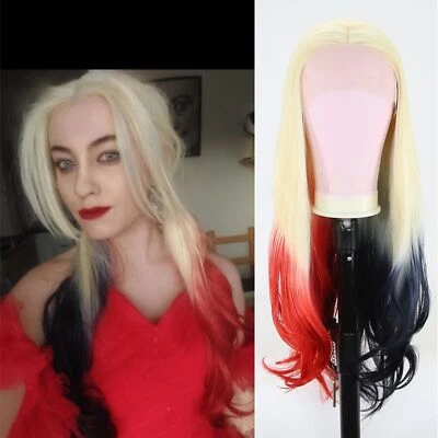 Pelucas de encaje sintético de fibra resistente al calor largas onduladas medio rojas medio negras Foto 1 de 4