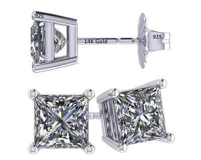 14K Gold Posts & Sterling Silver Princess Cut Zirconia Stud Earrings for Women - Image 1 of 4