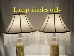 PAIR 16" Vtg Victorian Art Deco Style Lamp Shades Off White Ivory Fringe, Beads - Picture 1 of 23