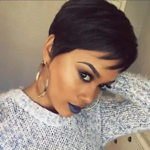 Pixie Cut Black Straight Brazilian Remy Human Hair Short Pixie Wigs FOR Women - Picture 1 of 10