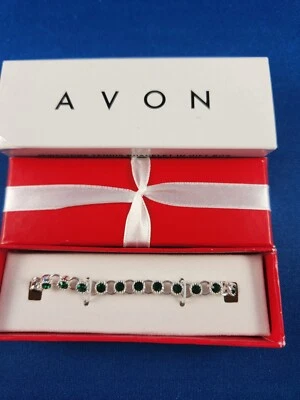 雅芳珠宝网球手链银色绿色水钻礼品盒新品 — 第 1/2 张图片