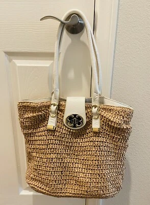 Bolso de Mano EMMA FOX Paja con Borde de Cuero Blanco Slouch Foto 1 de 4