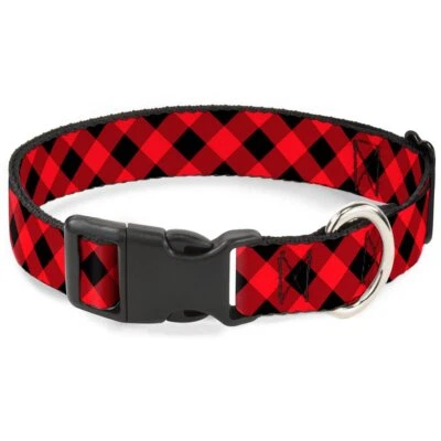 Medium Red Black Buffalo Plaid Plastic Clip Dog Collar 1.5in Wide 16-23in Foto 1 de 4
