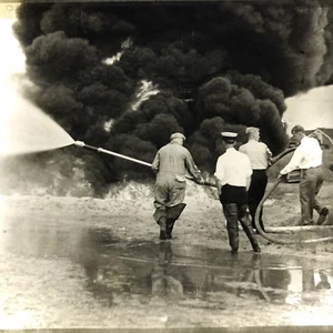 Antique Magic Lantern Glass Slide Photo Firefighters Big Hose Smoke - Picture 1 of 4