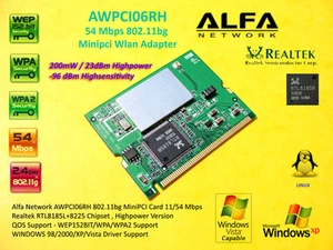 Alfa Network AWPCI06RH MINI PCI Wifi 11g 200mW Highpower Linux RTL8185B - Picture 1 of 1