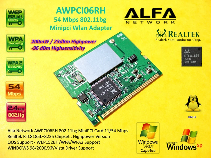 Alfa Network AWPCI06RH MINI PCI Wifi 11g 200mW Highpower Linux RTL8185B - Image 1 of 1