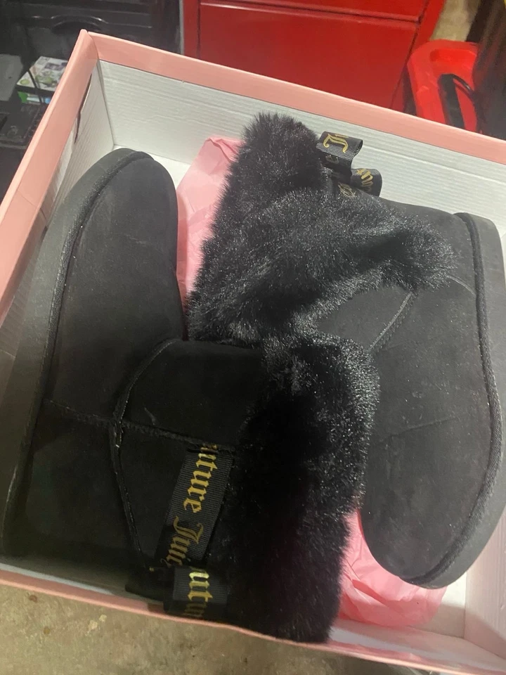 Juicy Couture Boots Womens Sz 8 Cold Weather Ankle Black Faux Suede Fur NEW - Image 1 of 4