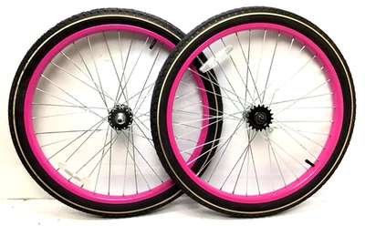 24" Bicycle Pink Wheel Set Front Rear 2.125" Tires Beach Cruiser Bike #H75 - Image 1 of 4