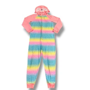 Girls One Piece Fleece Pajamas Rainbow Colors Sloth Hood Pink Blue Yellow Large - Picture 1 of 3