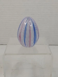 Vintage Murano Egg Blue Pink White Ribbon Latticino Ribbon Glass Paperweight 2"H - Picture 1 of 6