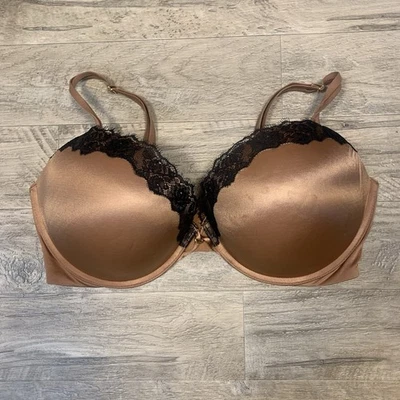 Victoria Secret Satin Push Up Lace Trim Bra Tan Black Size Size 38 DDD - Image 1 of 4