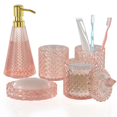 Pink Glass Bathroom Accessories Set 5 Pcs, Pink Bathroom Set, Soap Dispenser ... - Image 1 of 4