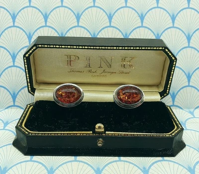 Gemelos gruesos grandes vintage de plata de ley 925 y ámbar báltico para hombre con caja Foto 1 de 4