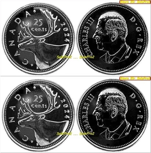 2x LOTE DE MONEDAS DE 25 CENTAVOS CANADÁ 2024 CUARTO CARIBÚ CANADIENSE REY CHARLES III SIN CIRCULAR - Imagen 1 de 4