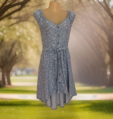 Cap Sleeve High Low Sundress Junior Sz Large Blue Jersey Knit Floral Dress - Image 1 of 4