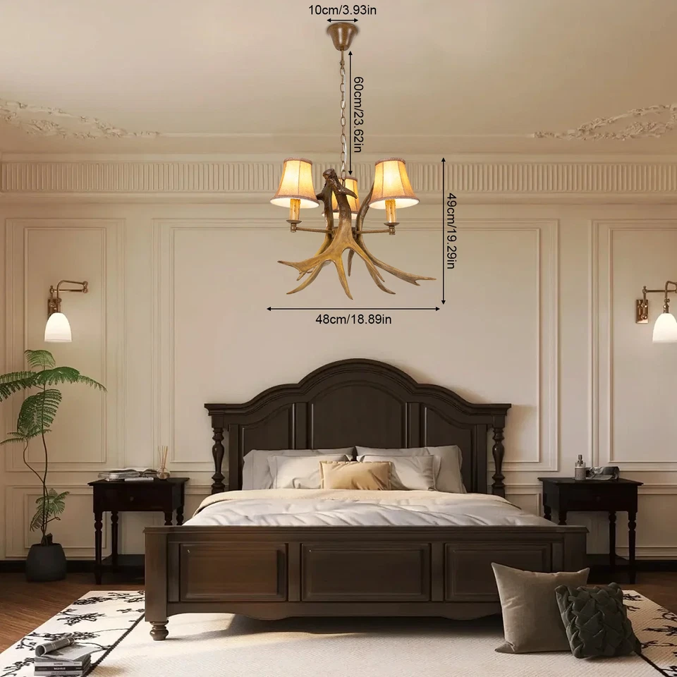 Lámpara de araña de asta de resina vintage LED lámpara de montaje en techo cuerno de ciervo luz colgante Foto 1 de 4