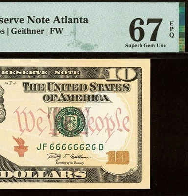 2009 $10 Federal Reserve Note PMG 67EPQ Near Solid Serial Number 66666626 - Image 1 of 3