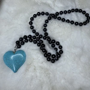 Southwestern Black Beaded Turquoise Heart Chunky Necklace Cowgirl - Picture 1 of 2