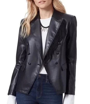 Sam Edelman Black Imogen Faux Leather Fringed Western Blazer Jacket Sz M - Image 1 of 4