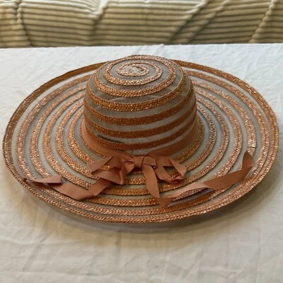 Bamberger’s Vintage Italy Hat w Bow Ribbon Striped Peach Wide Brim Womens - Image 1 of 4
