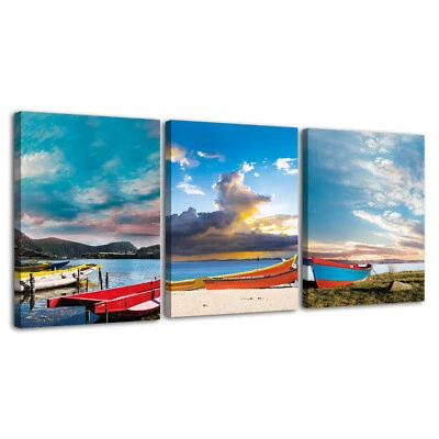 Seaside Boats Set of 3 Canvas Painting Wall Art Decor Decorative Pictures Prints - Image 1 of 4
