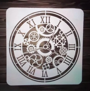 LARGE VINTAGE GEAR CLOCK DESIGN Reusable Stencil Painting Etc New 30x30cm - Picture 1 of 3