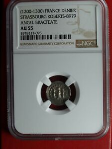 ND (1200-1300) France Strasbourgh Denier Angel Bracteate - AU-55 (NGC)  stk#7095