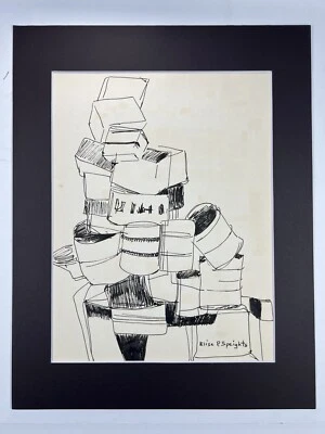 De colección Barriles y cajas de aceite apilados 14X11” boceto de tinta de arte popular firmado mate dañado Foto 1 de 4