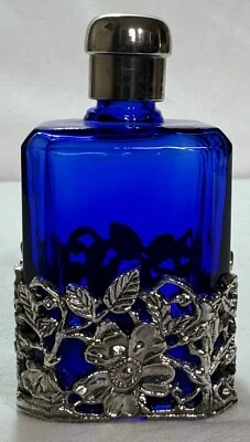 Vintage Cobalt Blue Perfume Bottle Encased in Silver Tone Frame Flower Filigree - Image 1 of 4