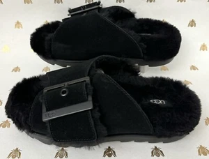 Damen UGG OUTSLIDE schwarze Kunstfellschnalle Pantoletten Pantoffeln Treadlite Sohle US 6 - Bild 1 von 8