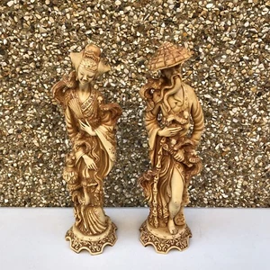 Vintage Pair Heavy Oriental Japanese Resin Sculpture Figurines Man & Lady - 38cm - Picture 1 of 12