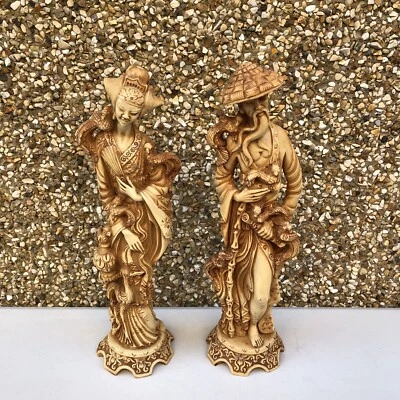 Vintage Pair Heavy Oriental Japanese Resin Sculpture Figurines Man & Lady - 38cm - Image 1 of 4
