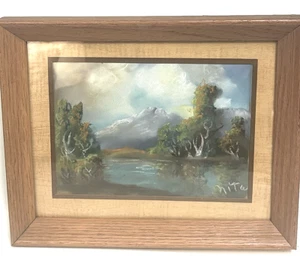 ANTIQUE FRAMED ORIGINAL PASTEL PAINTING SIGNED by NITA - 7" X 5'' LAKE SCENE - Picture 1 of 7