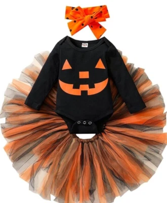 Conjunto de 3 piezas de mameluco + falda tutú princesa calabaza con diadema para niñas 0-3 meses Foto 1 de 4