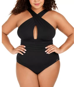 Traje de baño Michael Kors para mujer negro cuello alto con bisagras talla grande talla 18W 12029 - Imagen 1 de 4