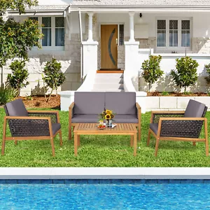 4PCS Patio Acacia Wood Furniture Set PE Rattan Conversation Set w/ Grey Cushions - Picture 1 of 10