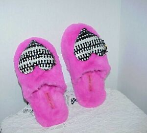 Betsey Johnson Plush Hot Pink Slip On Slippers Black Sequin Heart Mules Med 7 -8